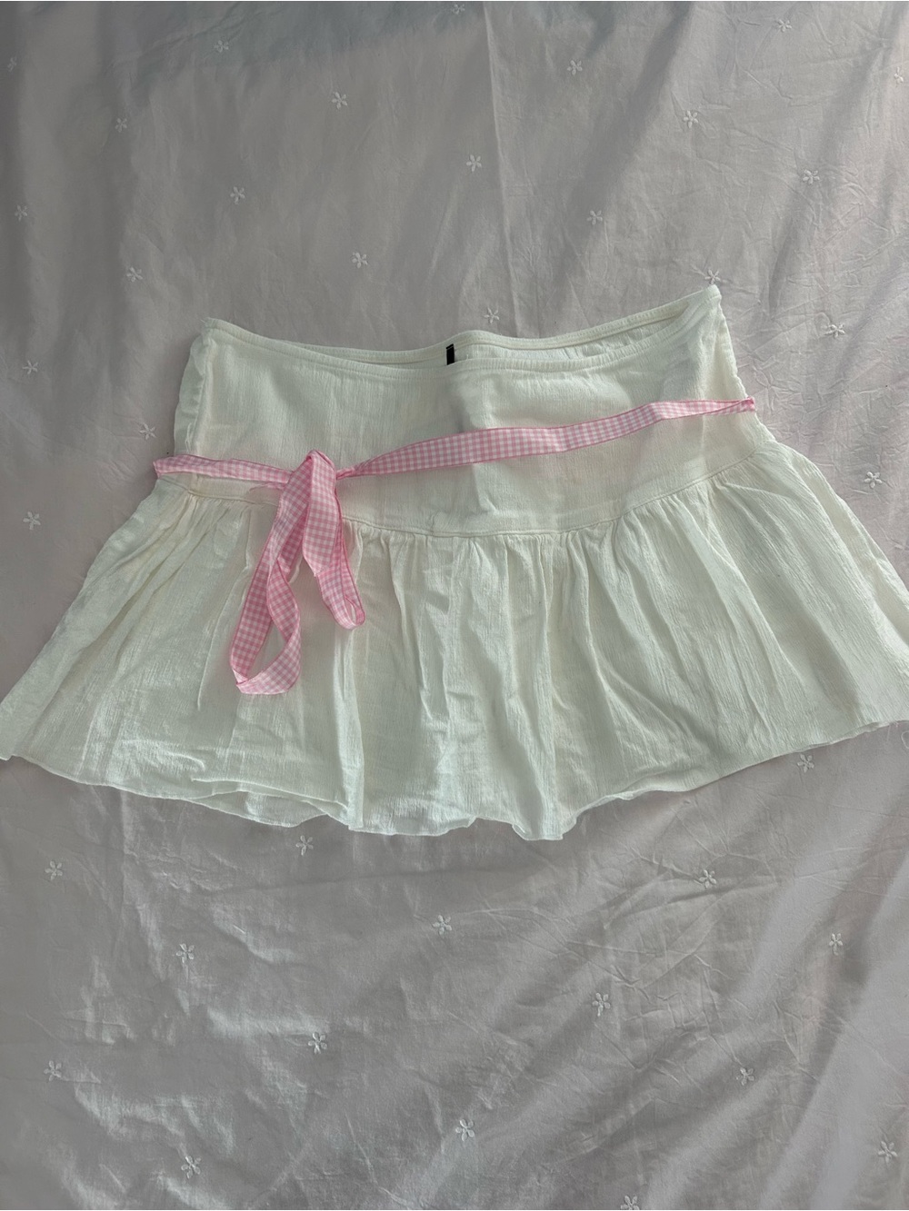 White Mini Skirt with Pink Gingham Tie